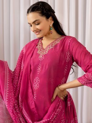Exclusive Pink Bandhani Printed Kurti Pant With Dupatta