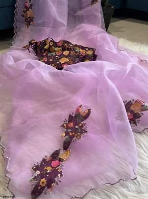 Exclusive Pink Handwork Crystal Organza Saree