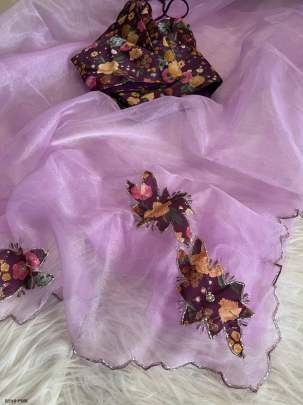 Exclusive Pink Handwork Crystal Organza Saree