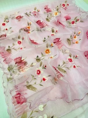 Exclusive Pink Pure Organza Silk Hand Painted Saree
