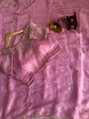 Exclusive Pink Sequence Butti Lace Golden Shhing Saree For Women