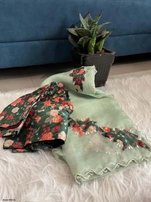 Exclusive Pista Handwork Crystal Organza Saree