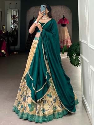 Exclusive Premium Green Silk Lehenga With Printed with Lace Touch Up