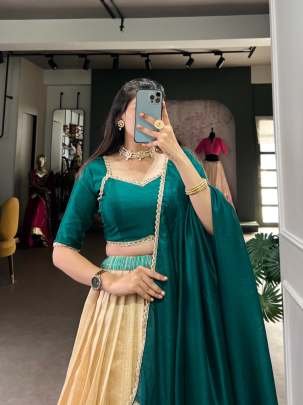 Exclusive Premium Green Silk Lehenga With Printed with Lace Touch Up