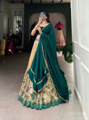 Exclusive Premium Green Silk Lehenga With Printed with Lace Touch Up