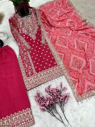 Exclusive Pure Chinon Silk Red Suit Set with Embroidery Sequence Work