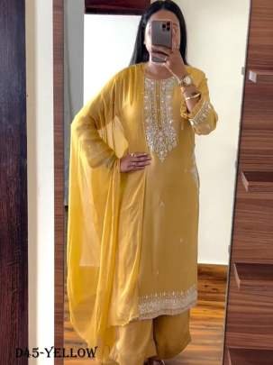 Exclusive Pure Chinon Yellow Suit Set with Intricate Embroidery