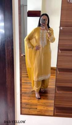 Exclusive Pure Chinon Yellow Suit Set with Intricate Embroidery