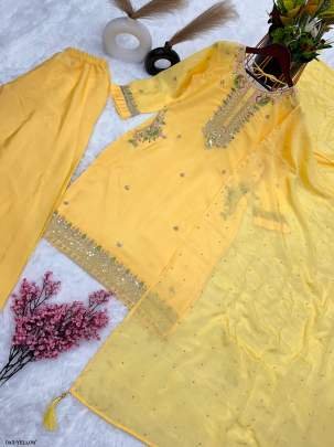 Exclusive Pure Chinon Yellow Suit Set with Intricate Embroidery
