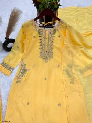 Exclusive Pure Chinon Yellow Suit Set with Intricate Embroidery
