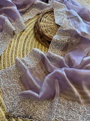 Exclusive Purple Chiffon Organza Silk Saree With Embroidery Work