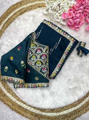 Exclusive Rama Multi Work Natural Rangoli Silk Saree With Stitched Blouse