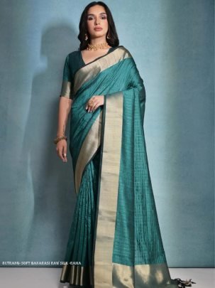 Exclusive Rama Soft Banarasi raw silk saree with zari lining pattern