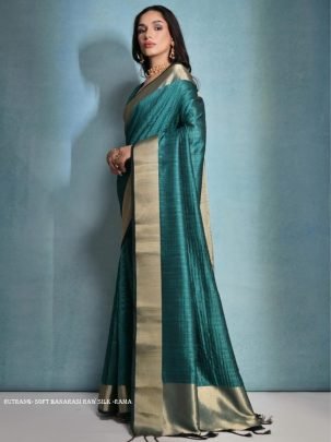 Exclusive Rama Soft Banarasi raw silk saree with zari lining pattern