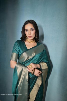 Exclusive Rama Soft Banarasi raw silk saree with zari lining pattern