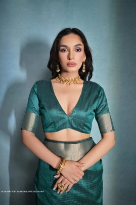 Exclusive Rama Soft Banarasi raw silk saree with zari lining pattern