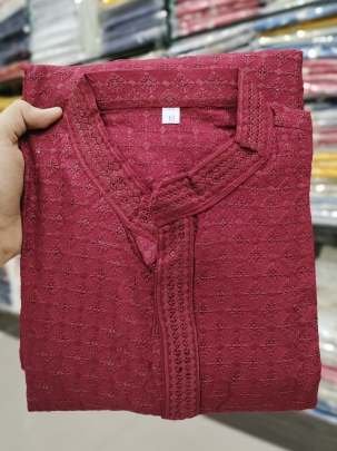 Exclusive Red Men Rayon Chikan Work Kurta With Pajama
