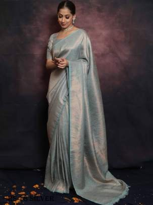 Exclusive Silver Pure Silk Saree With Intricate Brocade Blouse