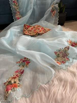 Exclusive Sky Blue Handwork Crystal Organza Saree