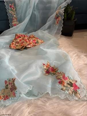 Exclusive Sky Blue Handwork Crystal Organza Saree