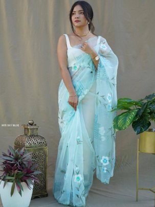 Exclusive Sky Blue Pure Organza Silk Hand Painted Saree
