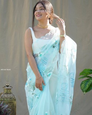 Exclusive Sky Blue Pure Organza Silk Hand Painted Saree