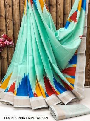 Exclusive Temple Print Mint Green Tussar Silk Saree