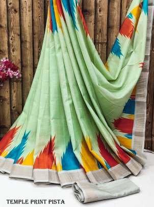 Exclusive Temple Print Pista Tussar Silk Saree