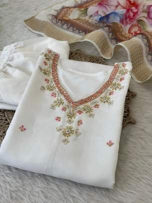 Exclusive White Neck Work Roman Silk Kurtis Set