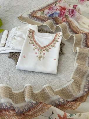 Exclusive White Neck Work Roman Silk Kurtis Set