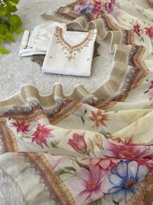 Exclusive White Neck Work Roman Silk Kurtis Set