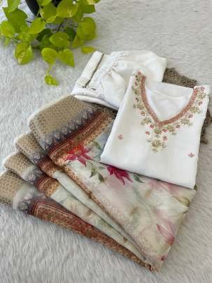 Exclusive White Neck Work Roman Silk Kurtis Set