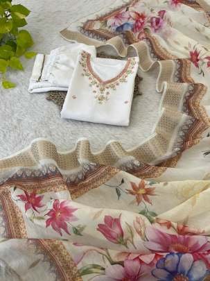 Exclusive White Neck Work Roman Silk Kurtis Set