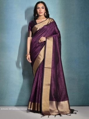 Exclusive Wine Soft Banarasi raw silk saree with zari lining pattern