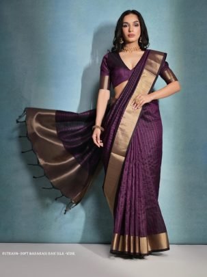Exclusive Wine Soft Banarasi raw silk saree with zari lining pattern