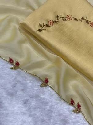 Exclusive Yellow Handwork And Cut Work Rangoli Silk Saree
