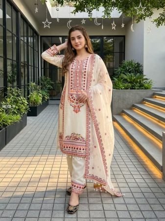 Fab Funda Presents White Mul Chanderi Embroidery Suit