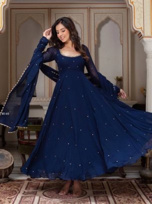 Fabulous Blue Georgette Anrakali Gown With Pant And Dupatta 