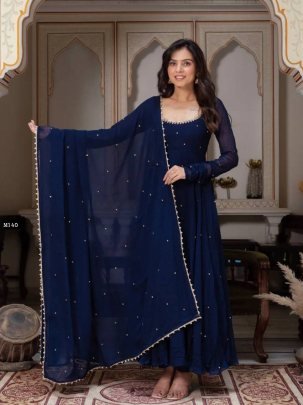 Fabulous Blue Georgette Anrakali Gown With Pant And Dupatta