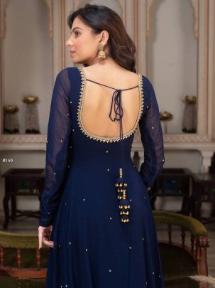 Fabulous Blue Georgette Anrakali Gown With Pant And Dupatta