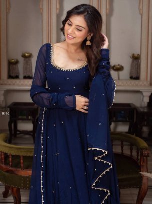 Fabulous Blue Georgette Anrakali Gown With Pant And Dupatta