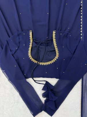 Fabulous Blue Georgette Anrakali Gown With Pant And Dupatta