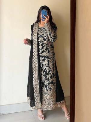 Fancy Black Faux Georgette Diamond Handwork Kurti Palazzo Dupatta Set