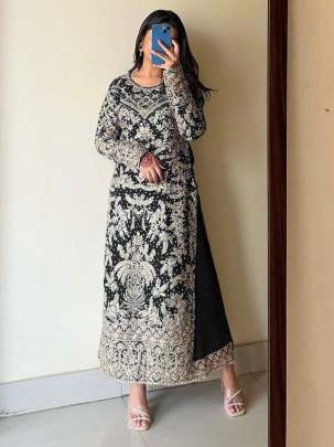 Fancy Black Faux Georgette Diamond Handwork Kurti Palazzo Dupatta Set
