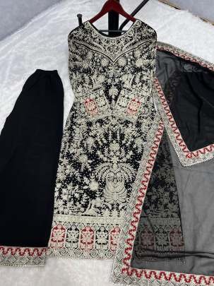 Fancy Black Faux Georgette Diamond Handwork Kurti Palazzo Dupatta Set