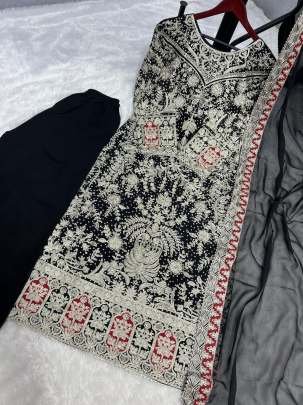Fancy Black Faux Georgette Diamond Handwork Kurti Palazzo Dupatta Set
