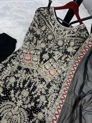 Fancy Black Faux Georgette Diamond Handwork Kurti Palazzo Dupatta Set
