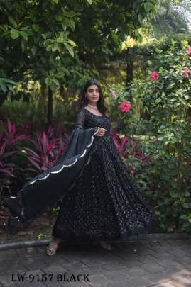 Faux Georgette Black Embroidery Gown