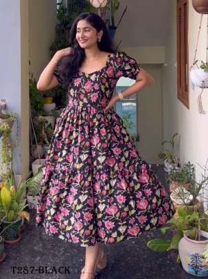 Fancy Black Pure Muslin Flower Work One Piece Dress