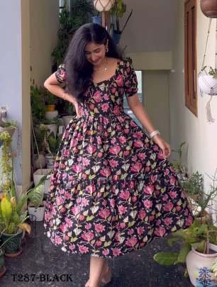Fancy Black Pure Muslin Flower Work One Piece Dress